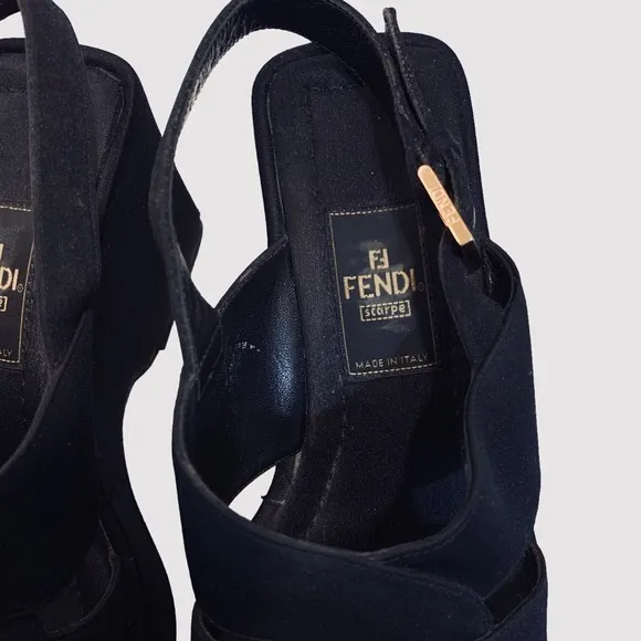 FENDI VINTAGE Y2K BLACK PLATFORM SANDALS WEDGE SLIP ON SHOE SANDAL