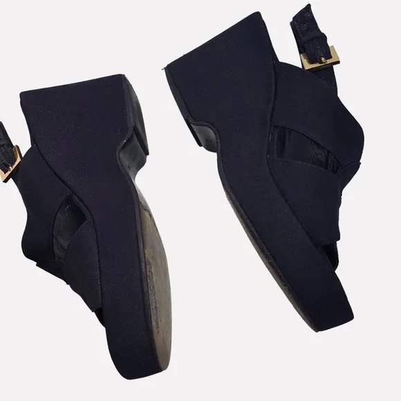 FENDI VINTAGE Y2K BLACK PLATFORM SANDALS WEDGE SLIP ON SHOE SANDAL