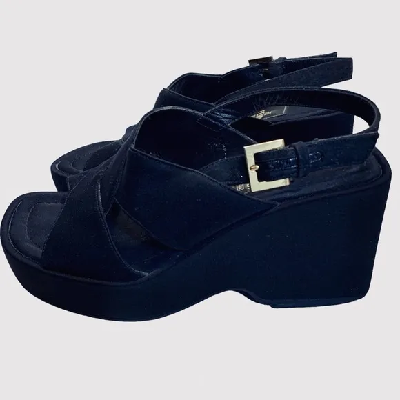 FENDI VINTAGE Y2K BLACK PLATFORM SANDALS WEDGE SLIP ON SHOE SANDAL