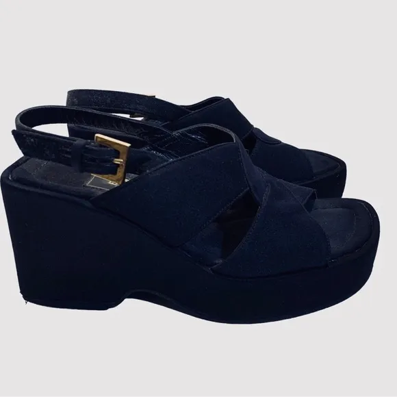 FENDI VINTAGE Y2K BLACK PLATFORM SANDALS WEDGE SLIP ON SHOE SANDAL