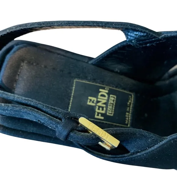 FENDI VINTAGE Y2K BLACK PLATFORM SANDALS WEDGE SLIP ON SHOE SANDAL