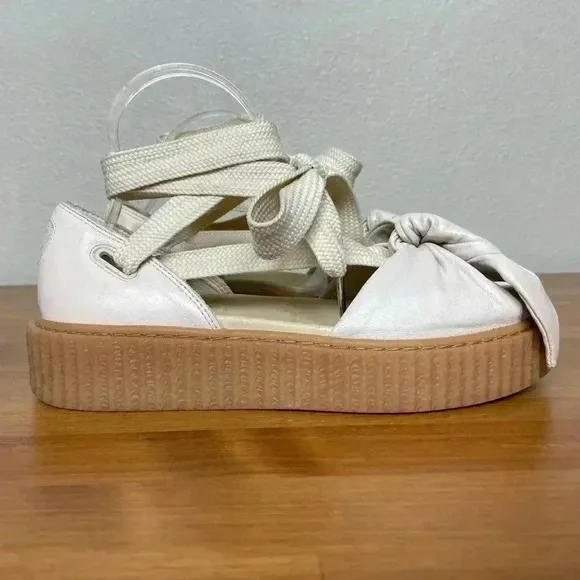 FENTY PUMA Women's 8.5 The Bow Creeper Sandals Cream Leather Lace Up Flatform