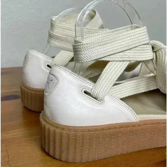 FENTY PUMA Women's 8.5 The Bow Creeper Sandals Cream Leather Lace Up Flatform