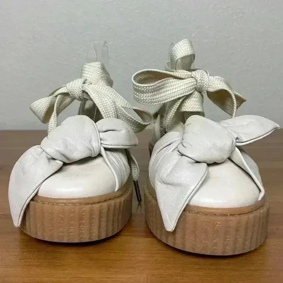 FENTY PUMA Women's 8.5 The Bow Creeper Sandals Cream Leather Lace Up Flatform