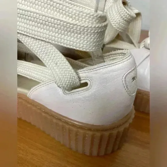 FENTY PUMA Women's 8.5 The Bow Creeper Sandals Cream Leather Lace Up Flatform