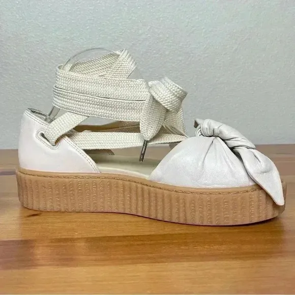 FENTY PUMA Women's 8.5 The Bow Creeper Sandals Cream Leather Lace Up Flatform