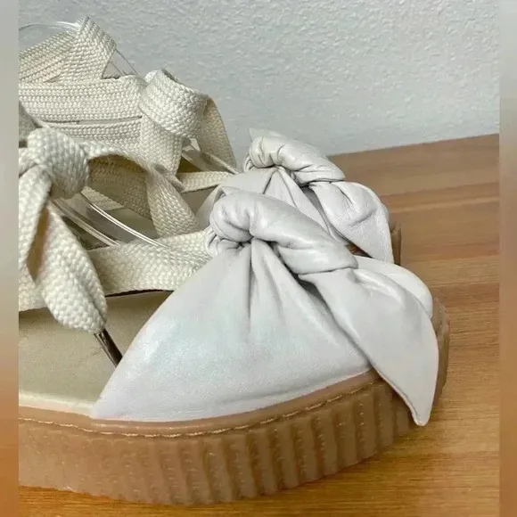 FENTY PUMA Women's 8.5 The Bow Creeper Sandals Cream Leather Lace Up Flatform