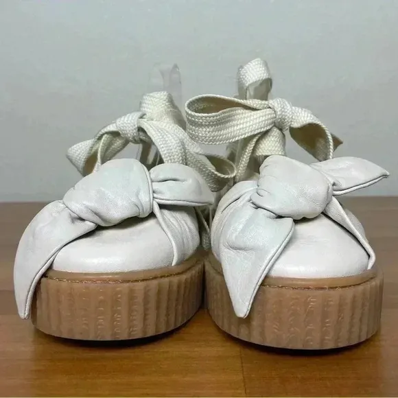FENTY PUMA Women's 8.5 The Bow Creeper Sandals Cream Leather Lace Up Flatform