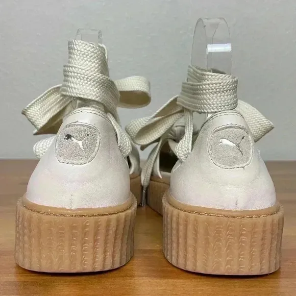 FENTY PUMA Women's 8.5 The Bow Creeper Sandals Cream Leather Lace Up Flatform