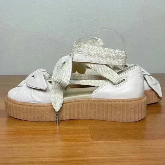 FENTY PUMA Women's 8.5 The Bow Creeper Sandals Cream Leather Lace Up Flatform