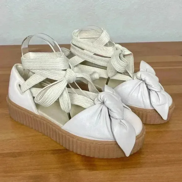 FENTY PUMA Women's 8.5 The Bow Creeper Sandals Cream Leather Lace Up Flatform