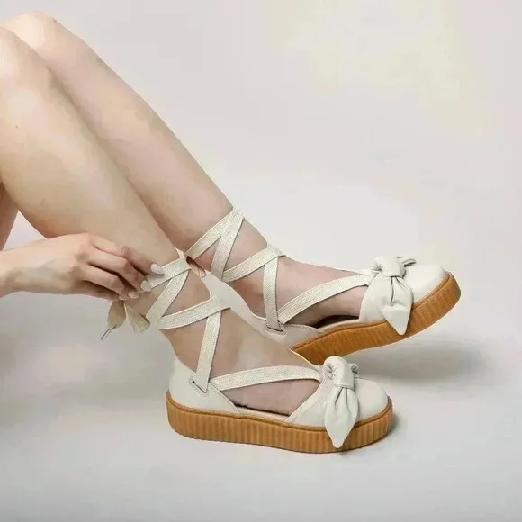 FENTY PUMA Women's 8.5 The Bow Creeper Sandals Cream Leather Lace Up Flatform