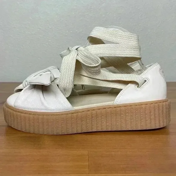 FENTY PUMA Women's 8.5 The Bow Creeper Sandals Cream Leather Lace Up Flatform