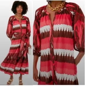 Figue Dress Johanna Midi Tiered in Dylan Ikat Coral Striped