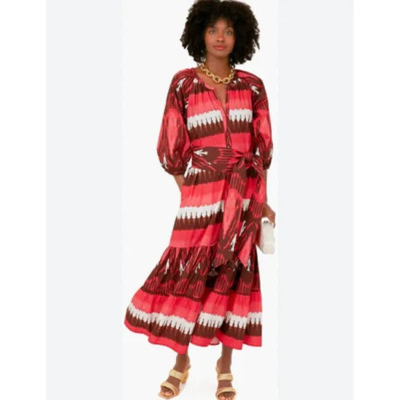 Figue Dress Johanna Midi Tiered in Dylan Ikat Coral Striped