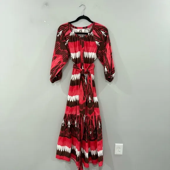 Figue Dress Johanna Midi Tiered in Dylan Ikat Coral Striped