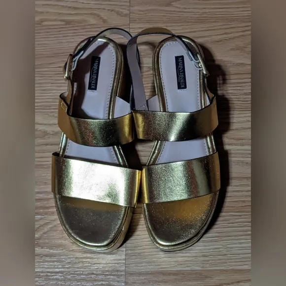 FINAL PRICE Marina Rinaldi Gold Platform Sandals 38 7.5 US Leather Retro Disco