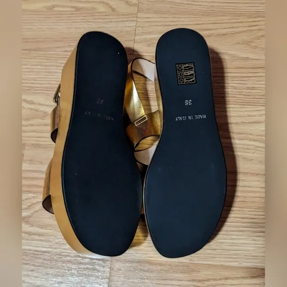 FINAL PRICE Marina Rinaldi Gold Platform Sandals 38 7.5 US Leather Retro Disco
