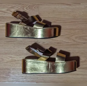 FINAL PRICE Marina Rinaldi Gold Platform Sandals 38 7.5 US Leather Retro Disco