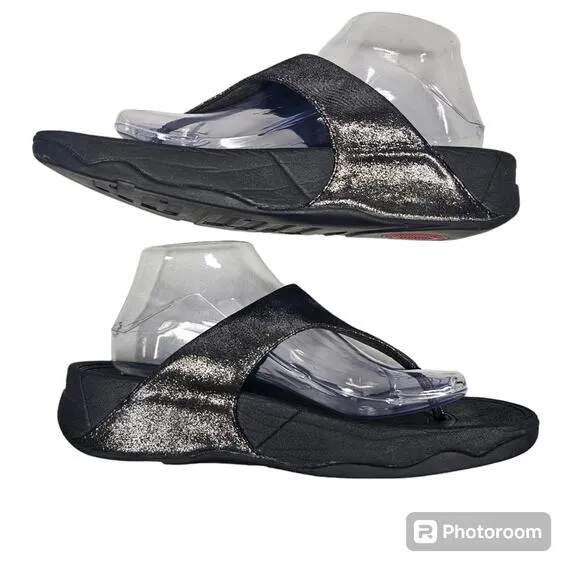 FitFlop Lulu Shimmersuede Toe Post Sandals, Black, Women's Size 9