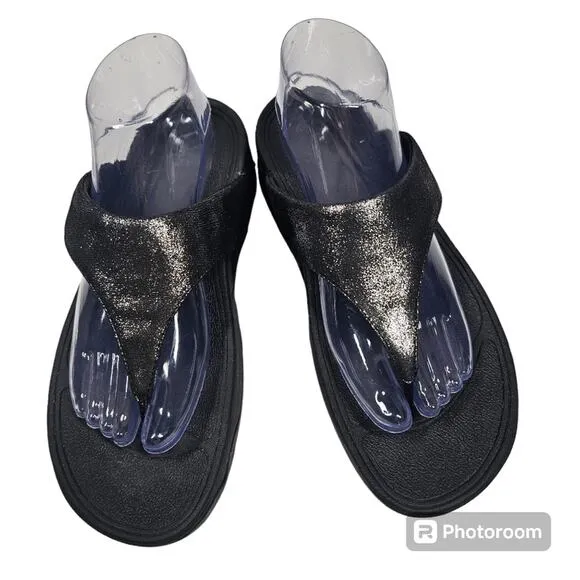 FitFlop Lulu Shimmersuede Toe Post Sandals, Black, Women's Size 9