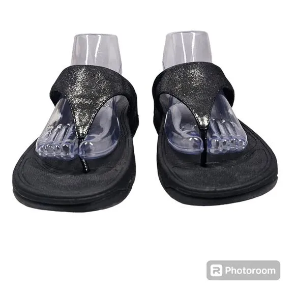 FitFlop Lulu Shimmersuede Toe Post Sandals, Black, Women's Size 9
