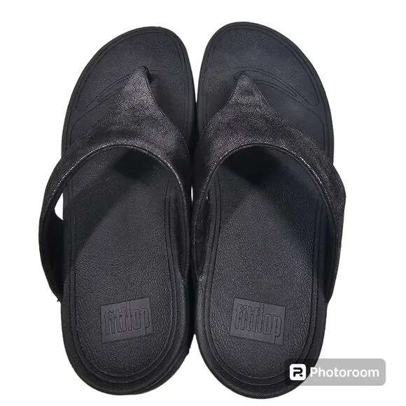 FitFlop Lulu Shimmersuede Toe Post Sandals, Black, Women's Size 9