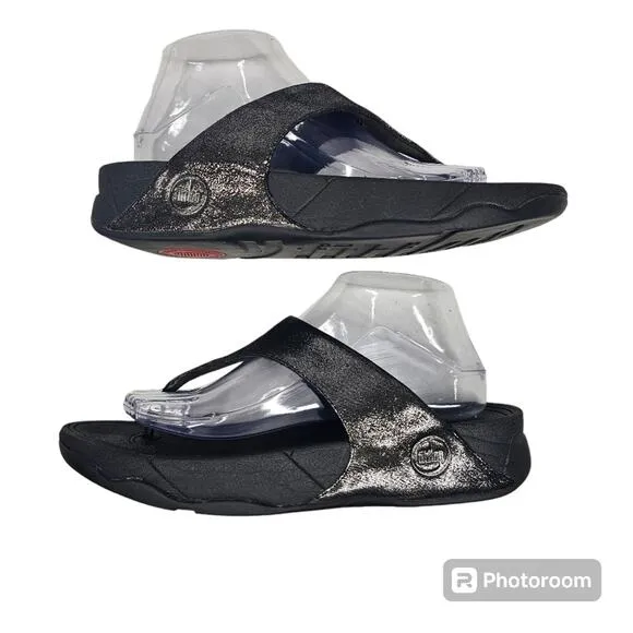 FitFlop Lulu Shimmersuede Toe Post Sandals, Black, Women's Size 9