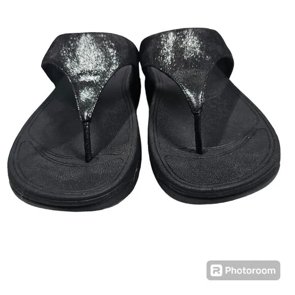 FitFlop Lulu Shimmersuede Toe Post Sandals, Black, Women's Size 9