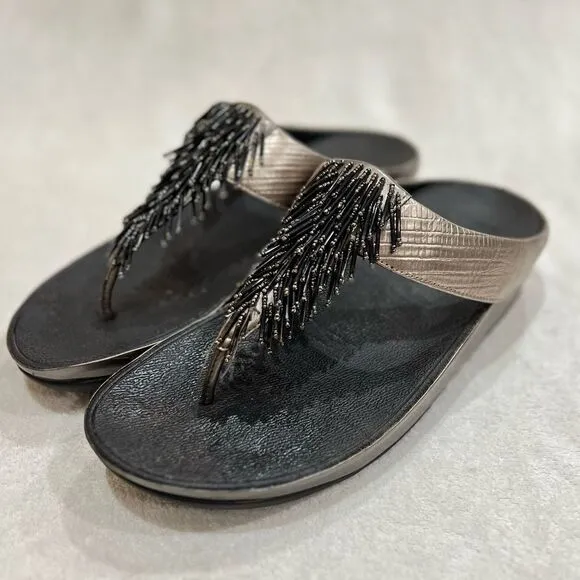 FitFlop Rumba Cha Cha Beaded Fringed Metallic Sandals Size 10