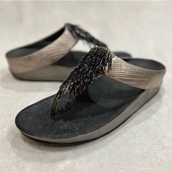 FitFlop Rumba Cha Cha Beaded Fringed Metallic Sandals Size 10