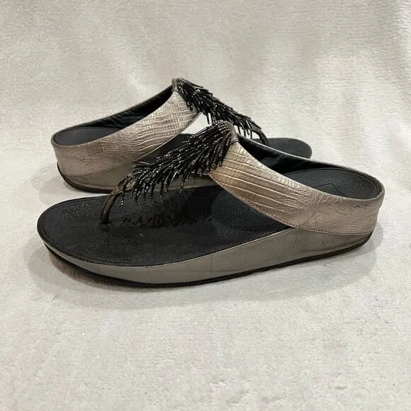 FitFlop Rumba Cha Cha Beaded Fringed Metallic Sandals Size 10