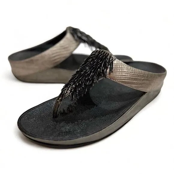 FitFlop Rumba Cha Cha Beaded Fringed Metallic Sandals Size 10