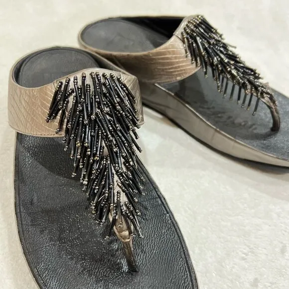 FitFlop Rumba Cha Cha Beaded Fringed Metallic Sandals Size 10