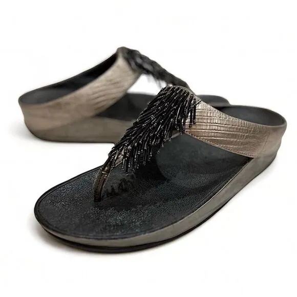 FitFlop Rumba Cha Cha Beaded Fringed Metallic Sandals Size 10