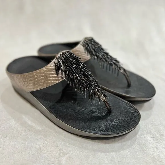 FitFlop Rumba Cha Cha Beaded Fringed Metallic Sandals Size 10