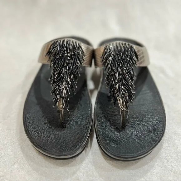 FitFlop Rumba Cha Cha Beaded Fringed Metallic Sandals Size 10