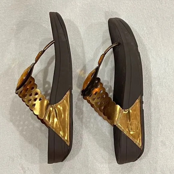 FitFlop Super Bronze Leather Sandals with Amber Rhinestones Size 10