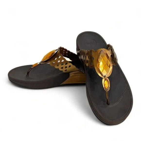 FitFlop Super Bronze Leather Sandals with Amber Rhinestones Size 10