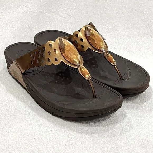 FitFlop Super Bronze Leather Sandals with Amber Rhinestones Size 10