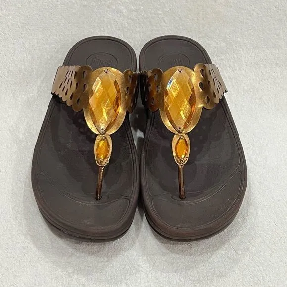 FitFlop Super Bronze Leather Sandals with Amber Rhinestones Size 10