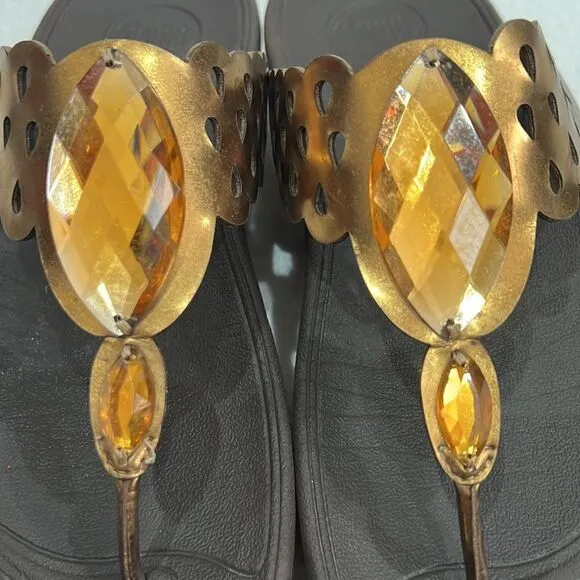 FitFlop Super Bronze Leather Sandals with Amber Rhinestones Size 10