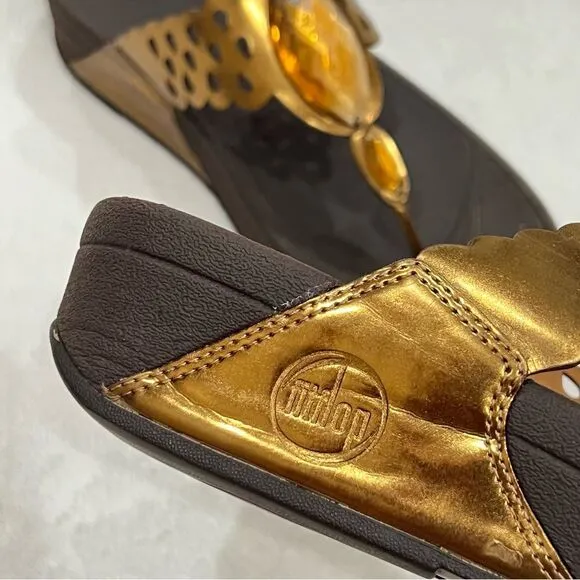 FitFlop Super Bronze Leather Sandals with Amber Rhinestones Size 10