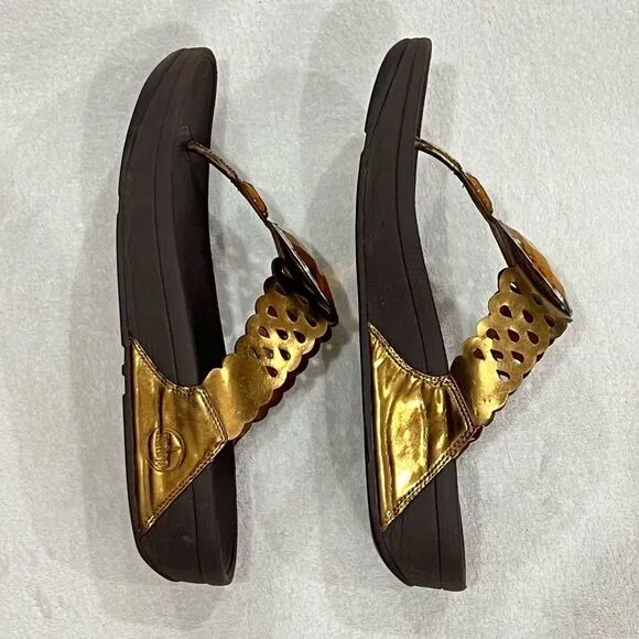 FitFlop Super Bronze Leather Sandals with Amber Rhinestones Size 10