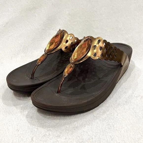 FitFlop Super Bronze Leather Sandals with Amber Rhinestones Size 10