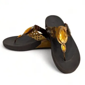 FitFlop Super Bronze Leather Sandals with Amber Rhinestones Size 10