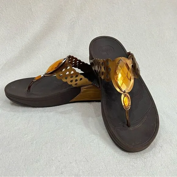 FitFlop Super Bronze Leather Sandals with Amber Rhinestones Size 10