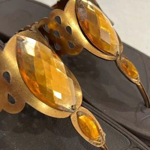 FitFlop Super Bronze Leather Sandals with Amber Rhinestones Size 10