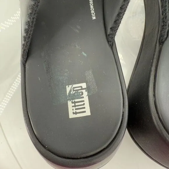 FitFlop Sandals Womens F-Mode Slides Platform Black Leather Wedge Size 11