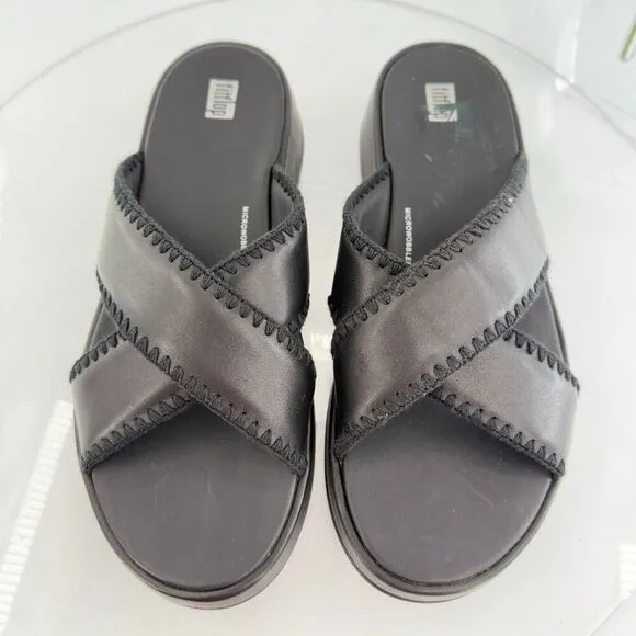 FitFlop Sandals Womens F-Mode Slides Platform Black Leather Wedge Size 11